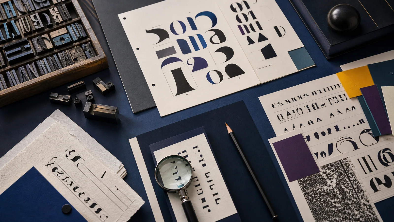 Table de typographe avec caractères et spécimens imprimés