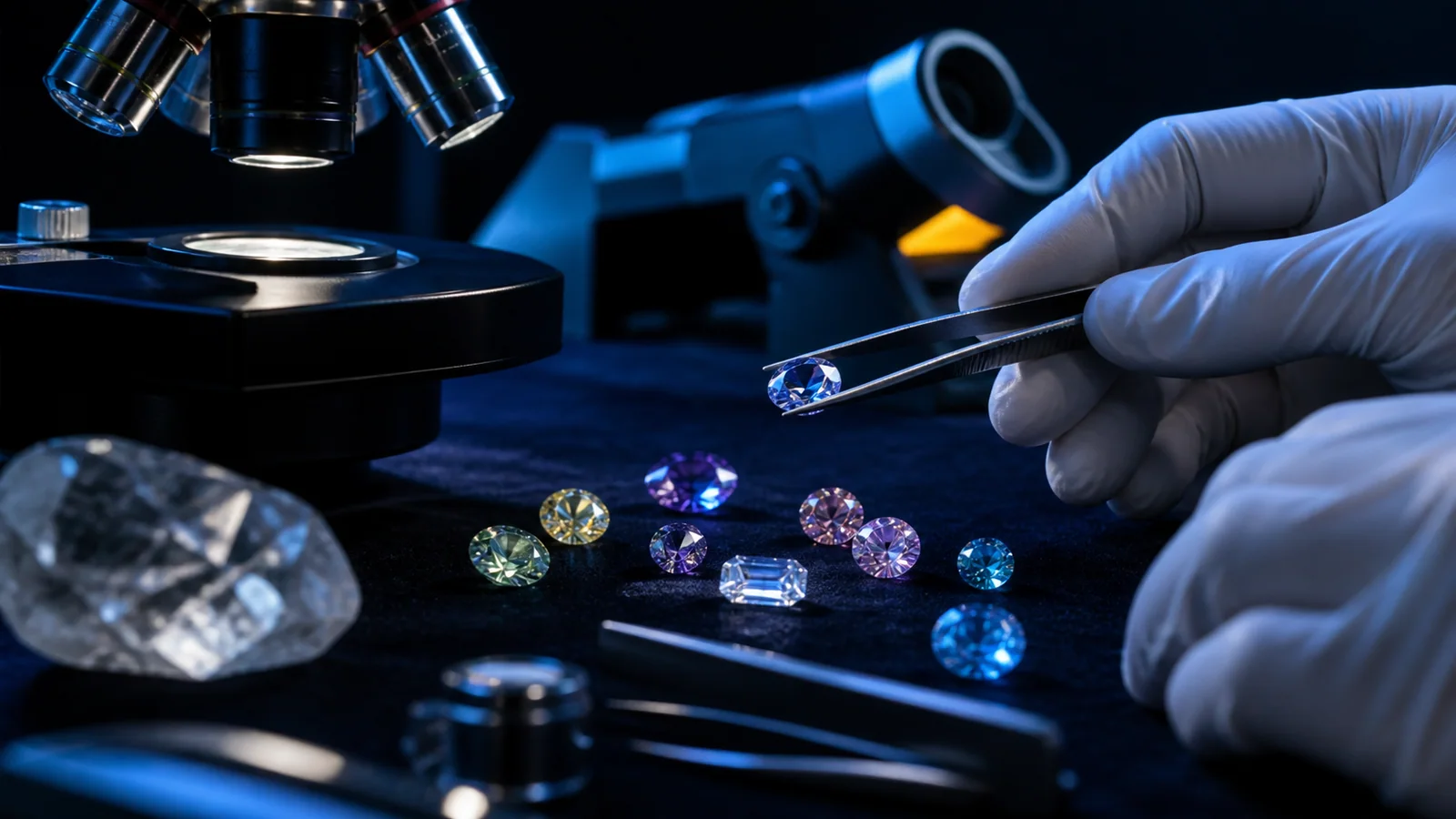 Laboratoire de gemmologie observant des pierres sous microscope